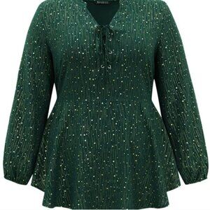 Bloomchic Glitter Lantern Sleeve Elastic Waist Lace Up Blouse Womens 5X Green